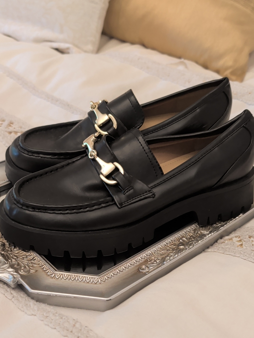 Nine West Black Lug Sole Loafers with Gold Bit